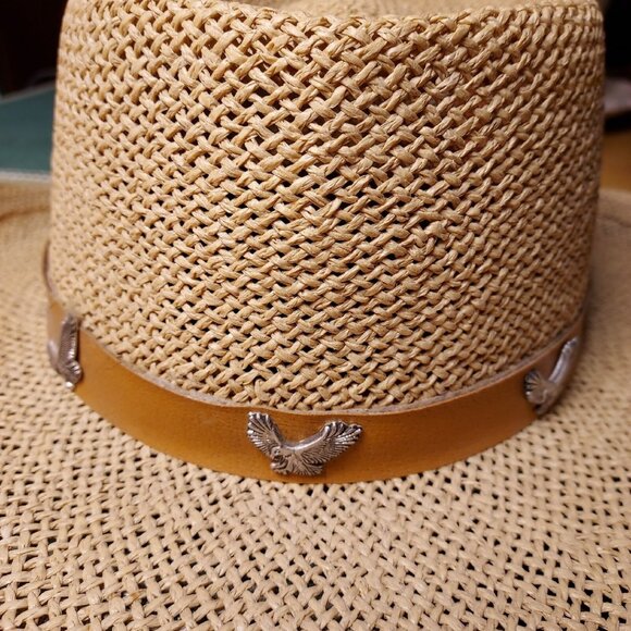 Coastal Cowgirl Hat Belt Sliver Eagle Details Summer Straw Head Diameter Size 22 - Picture 4 of 13